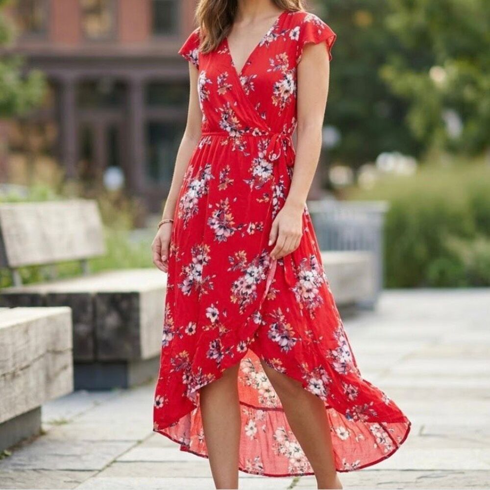 Band of gypsies faux wrap low back flutter sleeve high low red floral boho dress